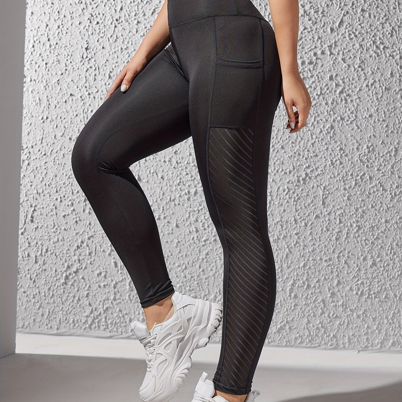 High Waist Butt Lifting Side Pocket Sports Leggings Mesh Insert Running Yoga