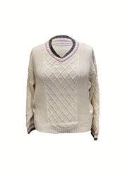 Colorblock Jacquard Long Sleeve V Neck Sweater