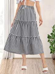 Plaid Print Ruffle Trim Skirt High Waist Casual Skirt