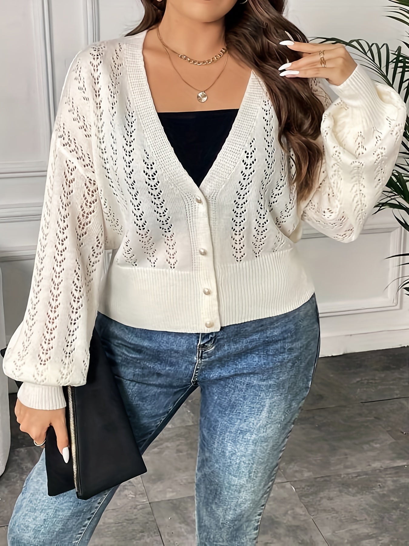 Women's Plus Solid Button Up Lantern Sleeve Open Front Cardigan