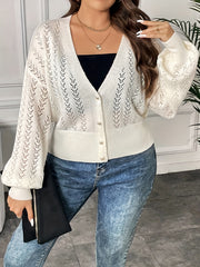Women's Plus Solid Button Up Lantern Sleeve Open Front Cardigan