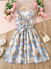 Toddler Girls Sleeveless Ruffle Trim Flowers Graphic Princess Dress