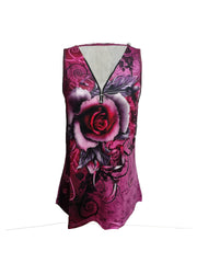 Rose Print Zip Up V Neck Tank Top Sleeveless Casual Summer Women's Clothing