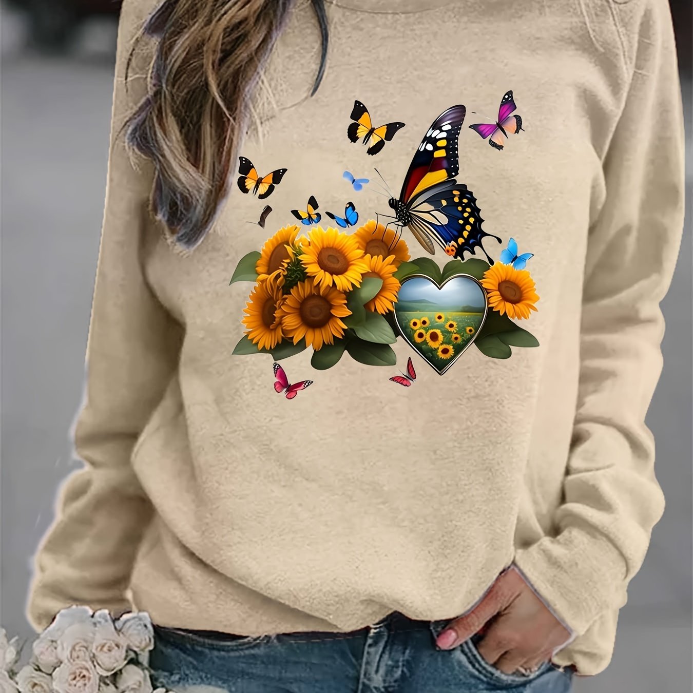 Butterfly & Sunflower Print Crew Neck Sweatshirt
