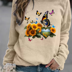 Butterfly & Sunflower Print Crew Neck Sweatshirt