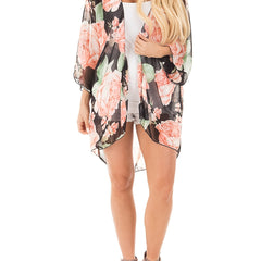 Floral Print Sheer Rash Guard Shirt V Neck Long Sleeve Cover Up