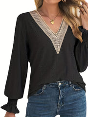 Colorblock Lace Lantern Sleeve V Neck Top