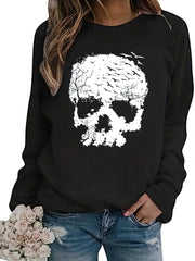 Halloween Skull Print Sweatshirt Long Sleeve Crew Neck Fall Winter Women's Cloth
