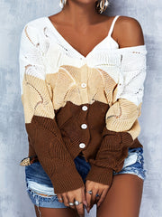 Colorblock Pointelle Long Sleeve V Neck Sweater Cardigan