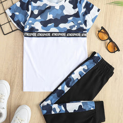 Boys Camo Outfit Set, Round Neck T-shirt & Pants, Kids Summer Clothing