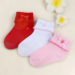 3 Pairs Girls Bowknot Lace Crew Socks