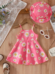 2pcs Baby Girls Daisy Print Suspender Dress Hat Set