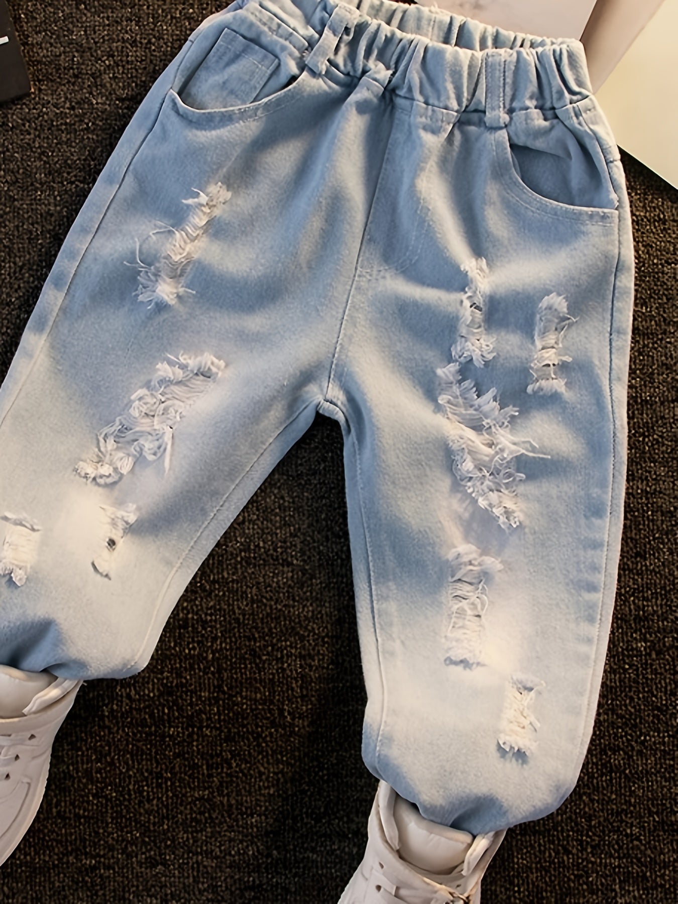 Boys Ripped Jeans Skinny Washed Denim Elastic Waist Long Pants Kids Clothing
