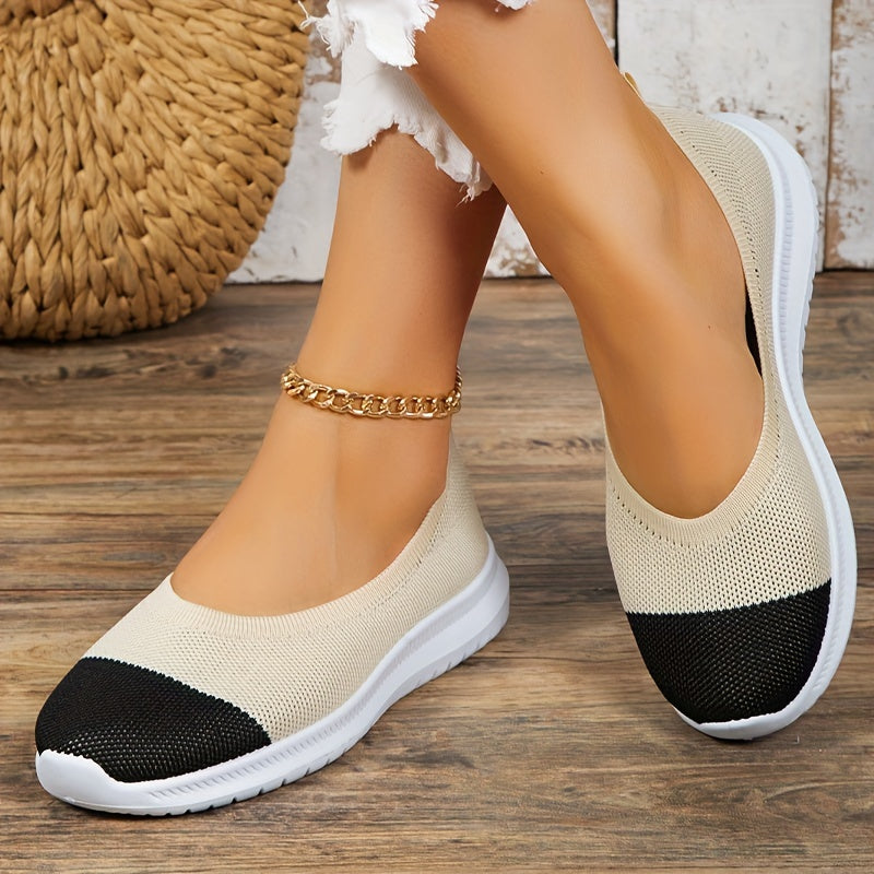 Women's Colorblock Knit Flats Soft Sole Slip On Shoes