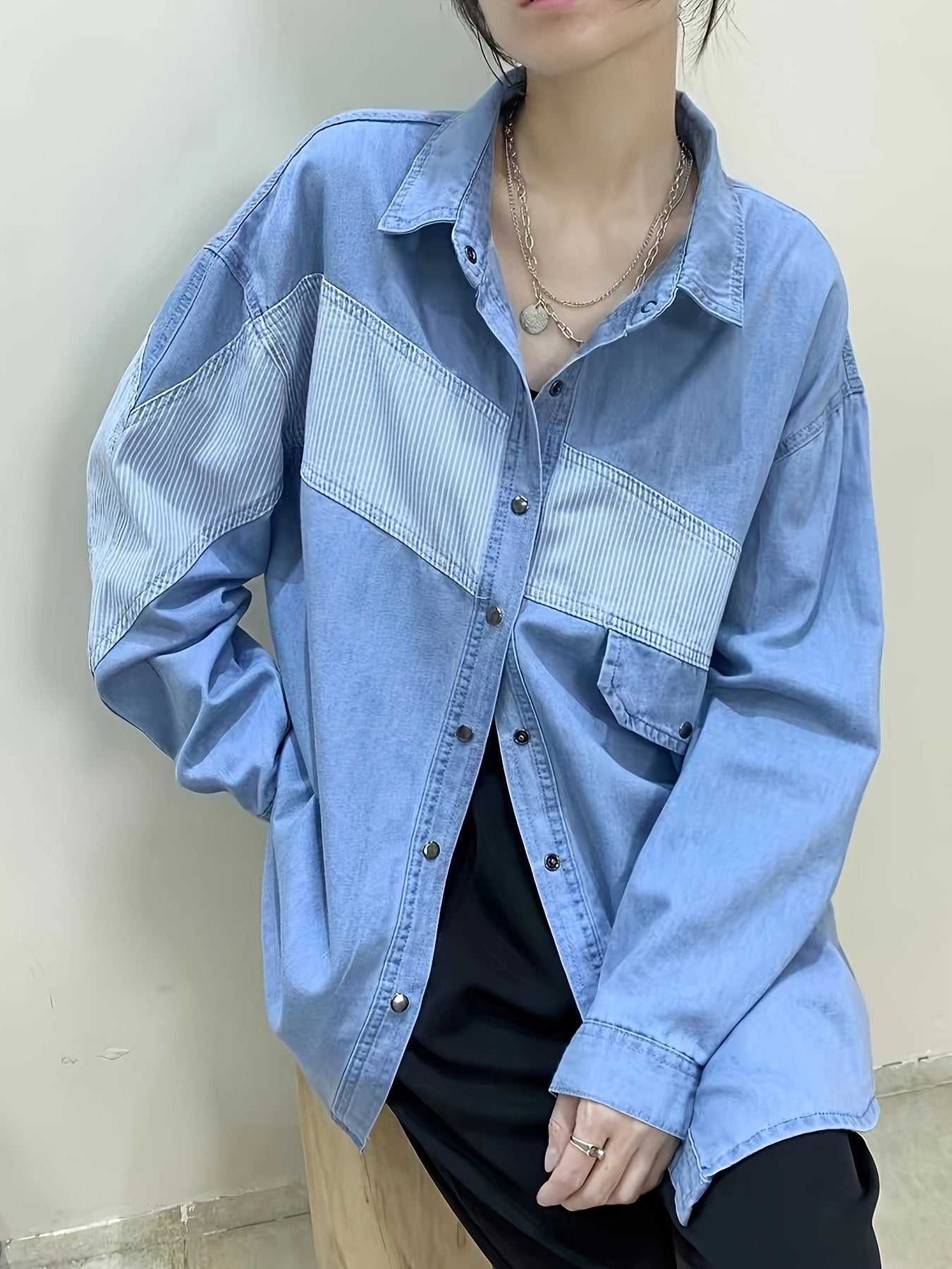 Colorblock Stripe Print Denim Top
