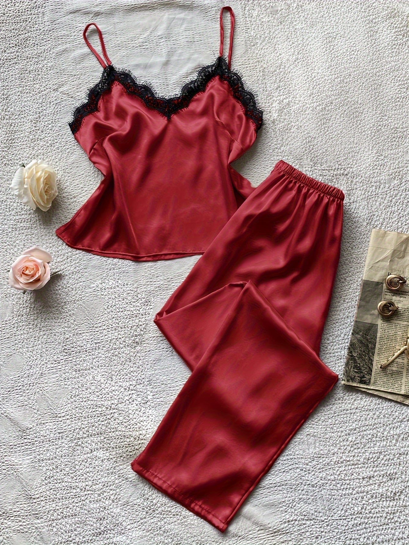 Lace Trim Pajama Set V Neck Cami Top & Pants Women's Sleepwear