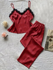 Lace Trim Pajama Set V Neck Cami Top & Pants Women's Sleepwear