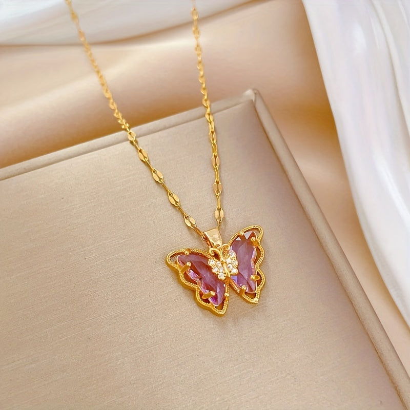 Purple CZ Butterfly Necklace for Girls