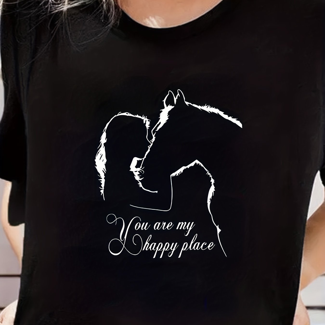 Girl & Horse Print Short Sleeve T-shirt Casual Crew Neck Sports Tee