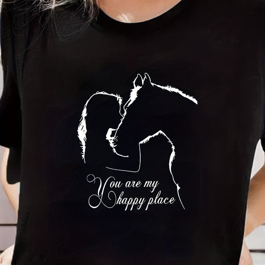 Girl & Horse Print Short Sleeve T-shirt Casual Crew Neck Sports Tee