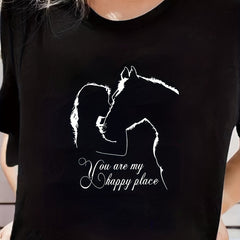 Girl & Horse Print Short Sleeve T-shirt Casual Crew Neck Sports Tee