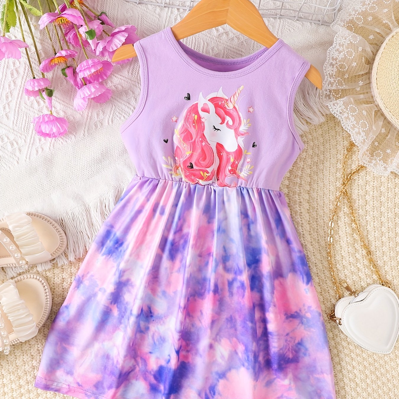 Toddler Girls Sleeveless Unicorn Dress for Beach Party