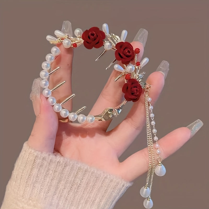 Vintage Red Rose Bun Buckle Tassel Hair Clip for Women Girls