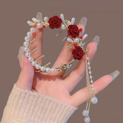 Vintage Red Rose Bun Buckle Tassel Hair Clip for Women Girls