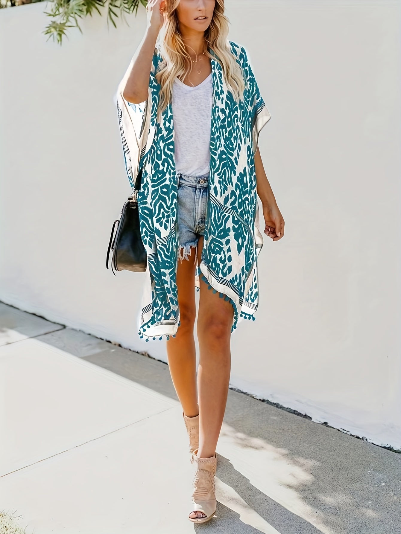 Pom Pom Half Sleeve Cover Up V Neck Soft Kimono Beach Blouse