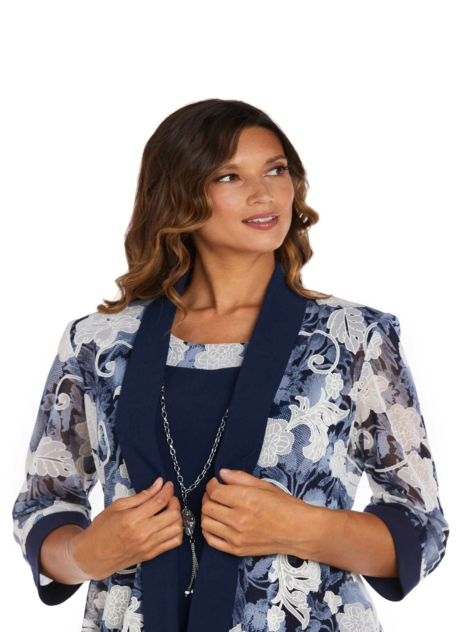 Floral Print 3/4 Sleeve Coat & Midi Dress Set