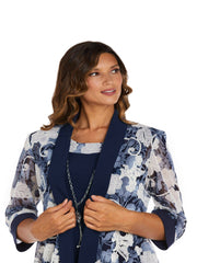 Floral Print 3/4 Sleeve Coat & Midi Dress Set