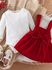 Toddler Girl Long Sleeved Romper Top and Suspender Skirt Set