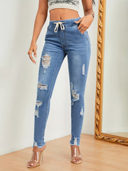 Distressed Denim Pants Raw Trim Drawstring Elastic Waist