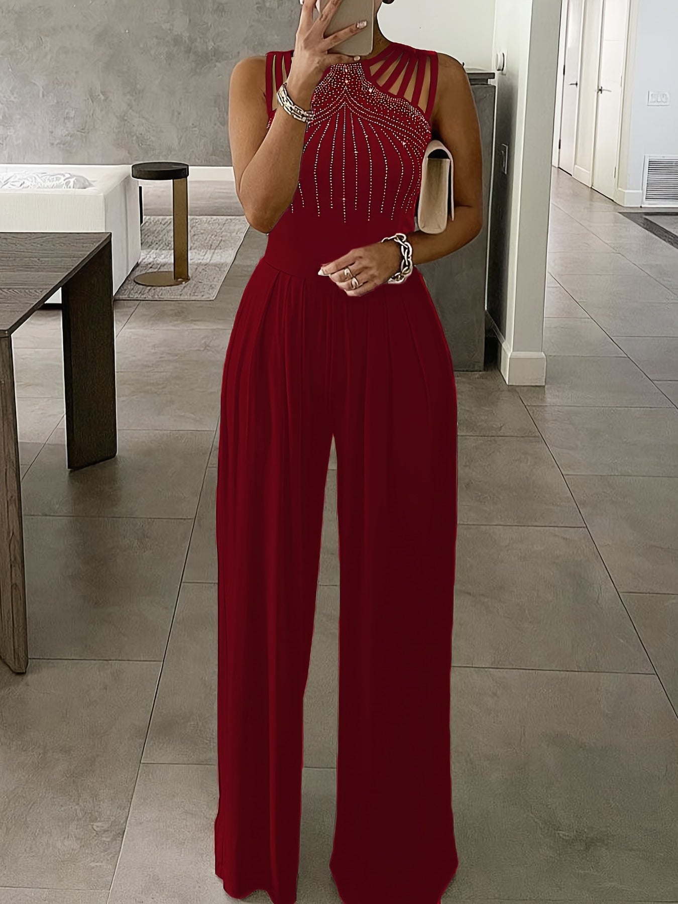 Glitter Rhinestone Criss Cross Jumpsuit Wide Leg Sleeveless Tank Jumpsuit