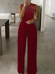 Glitter Rhinestone Criss Cross Jumpsuit Wide Leg Sleeveless Tank Jumpsuit