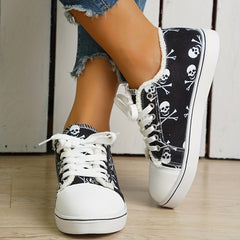 Skull Print Canvas Sneakers Lace Up Walking Shoes
