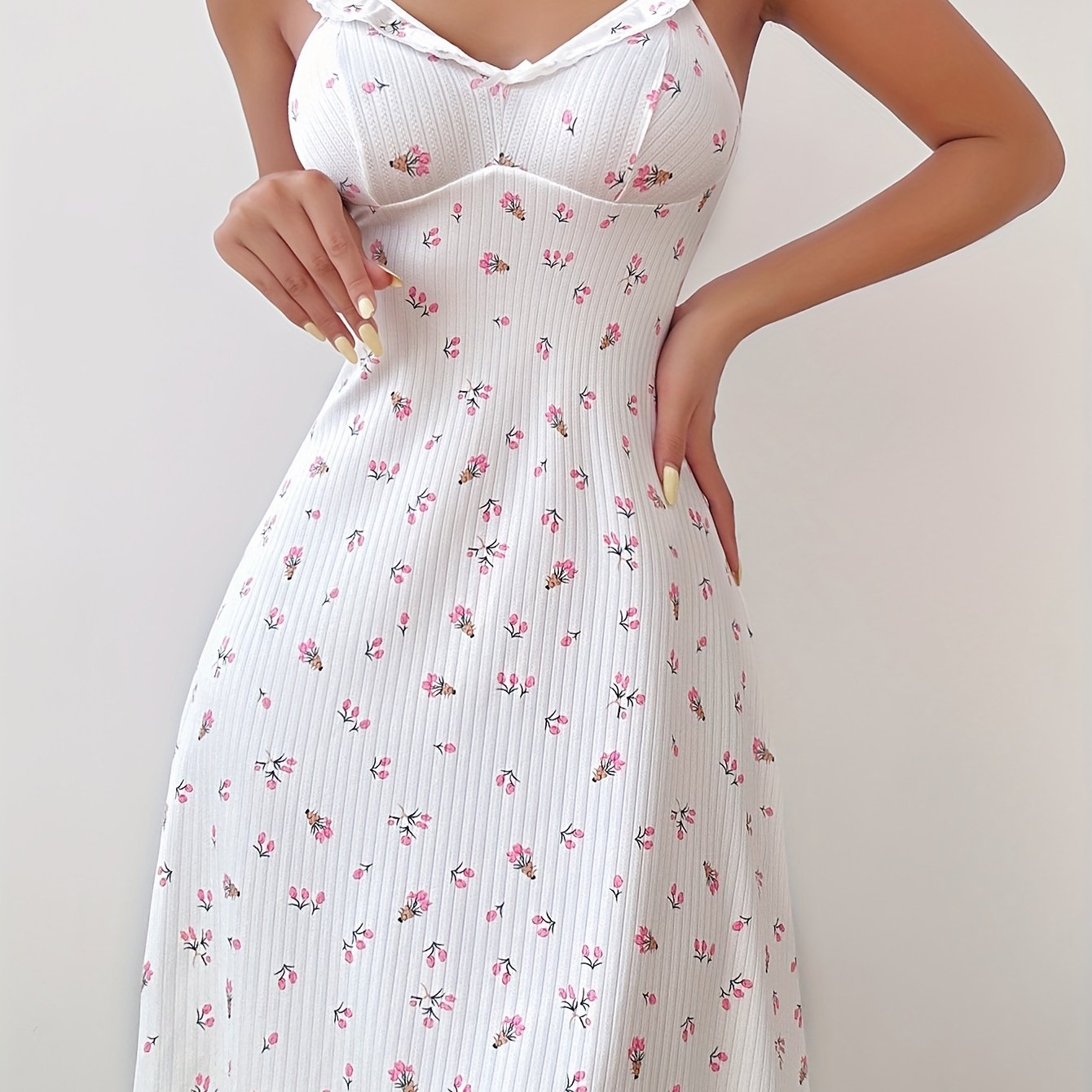 Floral Print Lace Trim Nightdress V-Neck Sleep Dress