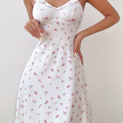 Floral Print Lace Trim Nightdress V-Neck Sleep Dress