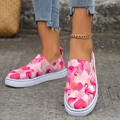 Flamingo Print Pink Flat Skate Shoes Soft Sole Slip On Sneakers