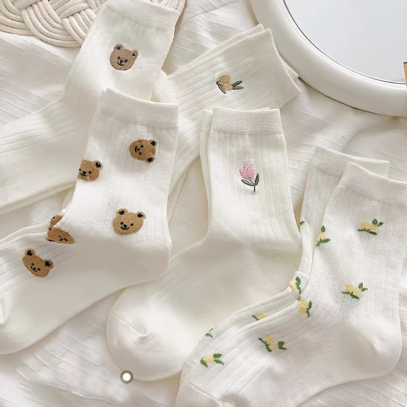 5 Pairs Cartoon Bear Mid tube Socks Women's Stockings