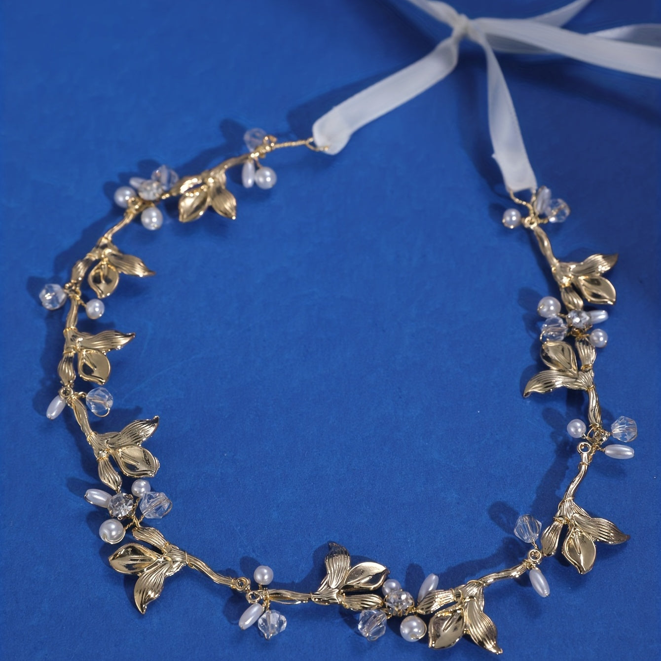 Leaf Shape Head Piece with Faux Pearl & Ribbon Hair Accessories