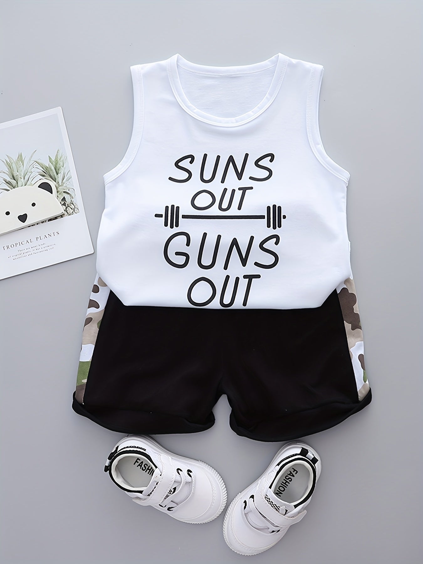 2pcs Boys SUNS OUT Print Tank Top & Camo Shorts Set Kids Summer Clothes