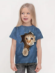3D Cat Graphic Crew Neck Tee Girls Casual Pullover Top