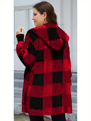 Fleece Plaid Hooded Cardigan Coat for Women