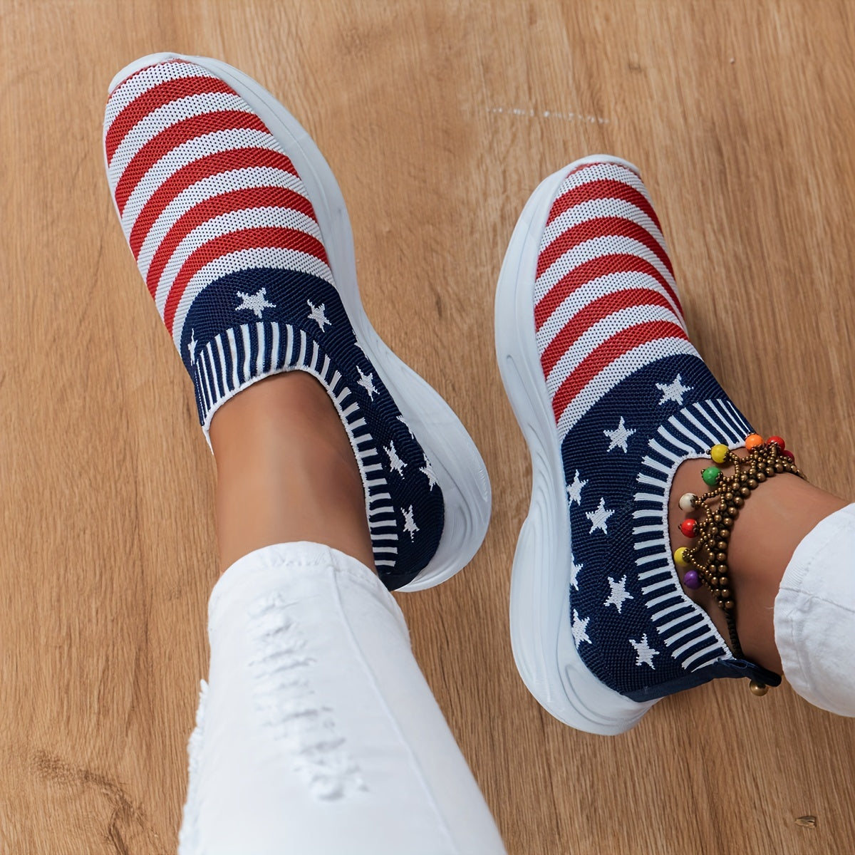 Women's Flag Pattern Sock Sneakers Low Top Slip On Knit Shoes