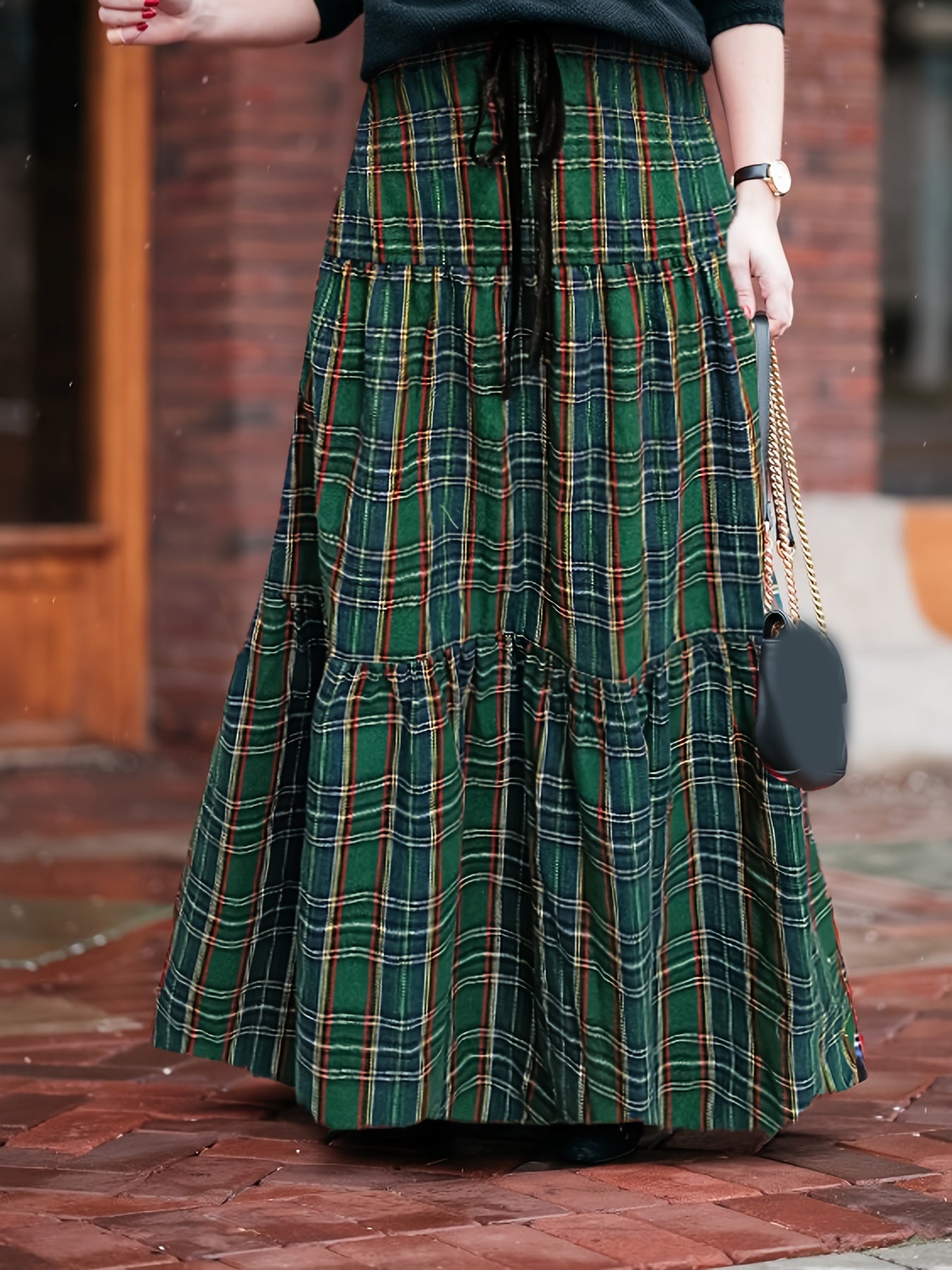 Plaid Print Drawstring Maxi Skirt