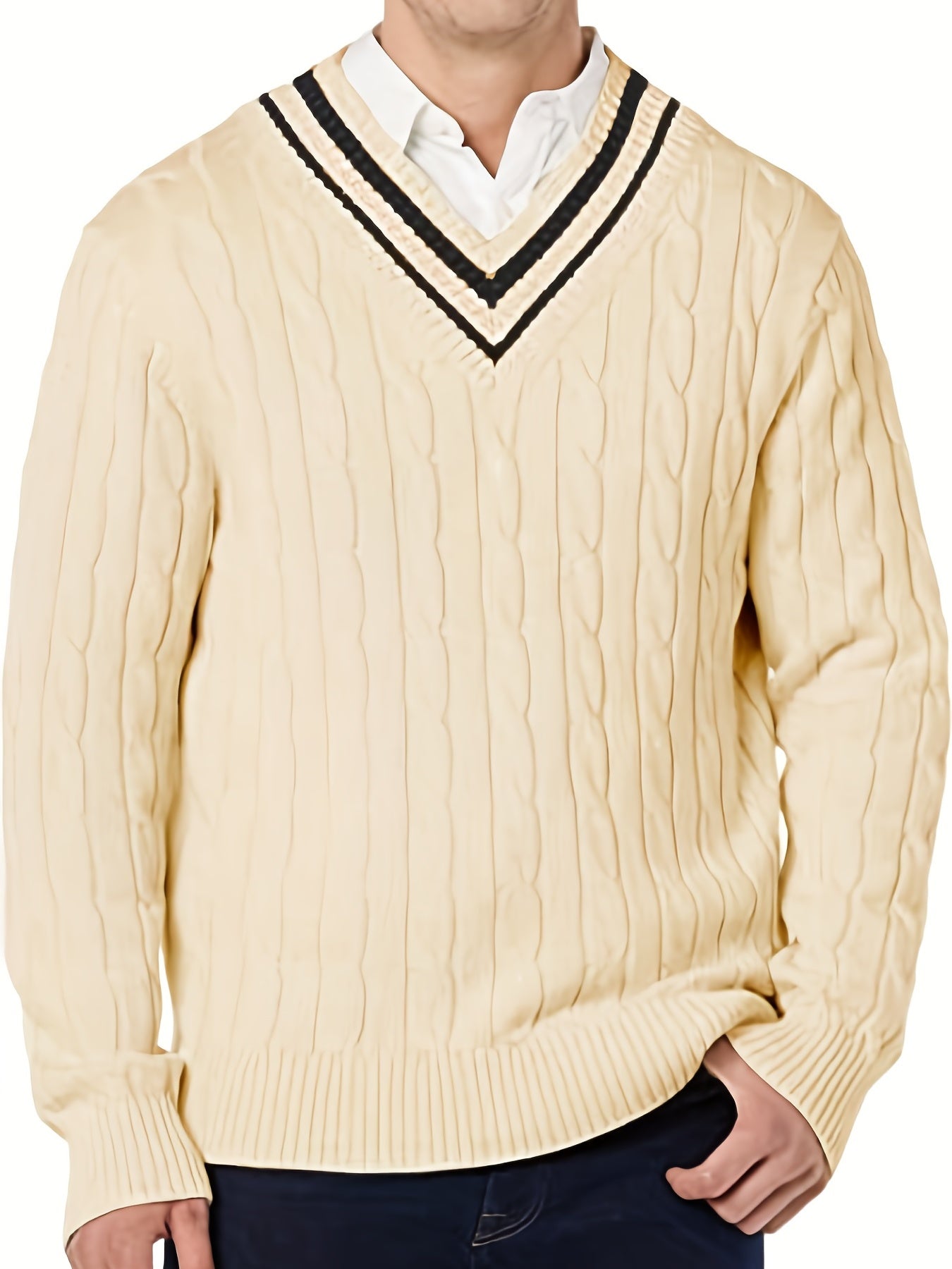 Preppy Knitted Cable Sweater Men's Casual Warm V Neck Retro Pullover