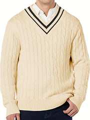 Preppy Knitted Cable Sweater Men's Casual Warm V Neck Retro Pullover