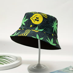 Smiling Face Leaf Print Bucket Hat Lightweight Fisherman Cap