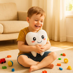 Tooth Shaped Plush Toy with Expressive Faces Earthy Yellow Mixed Color